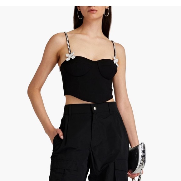 AREA Cropped top crystal-embellished wool-blend crepe bustier size 4
